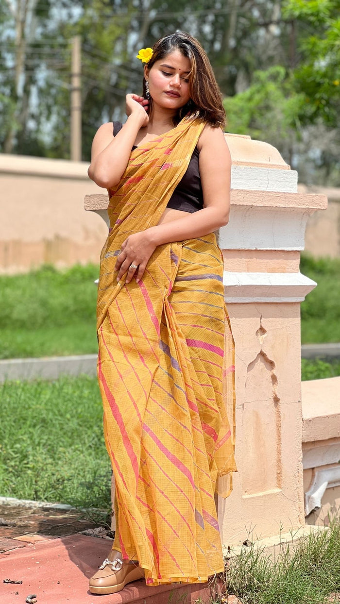 Golden Cotton Kota Doria Mustard Saree Handcrafted