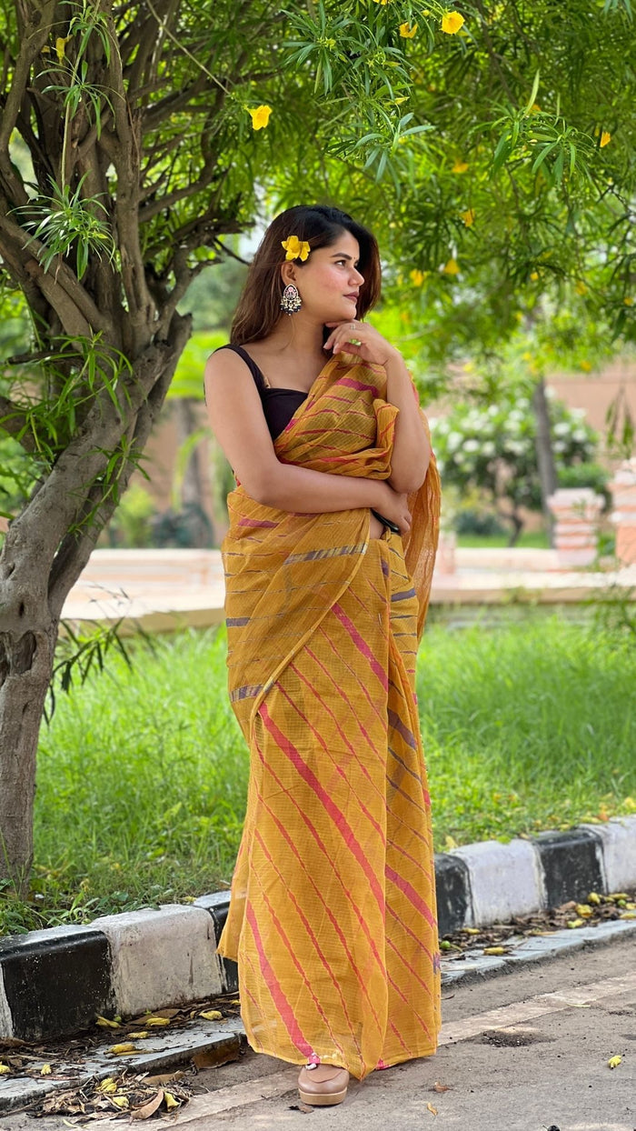 Golden Cotton Kota Doria Mustard Saree Handcrafted