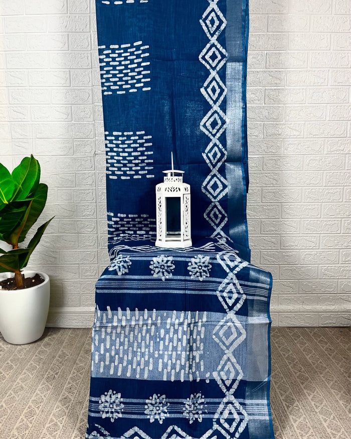 IndieHaat | Slub Linen Blue Saree Batik Work Running Blouse Ajrakh Dabu