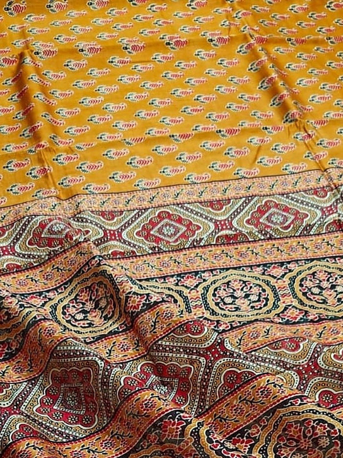 Indiehaat | Chanderi Silk Ajrakh Print Saree Yellow
