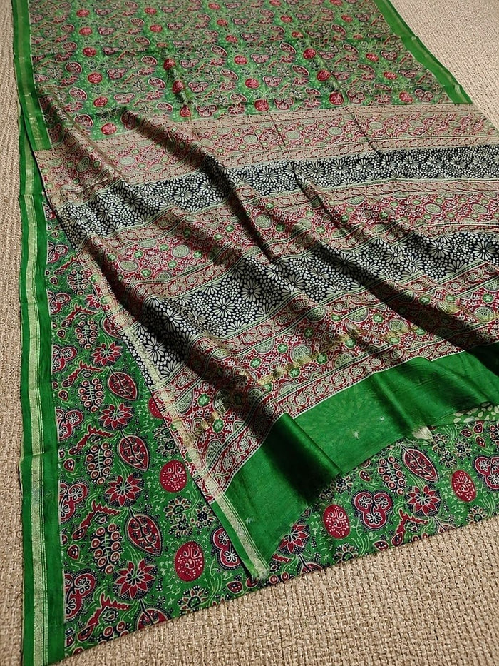 Indiehaat | Chanderi Silk Ajrakh Print Saree Green