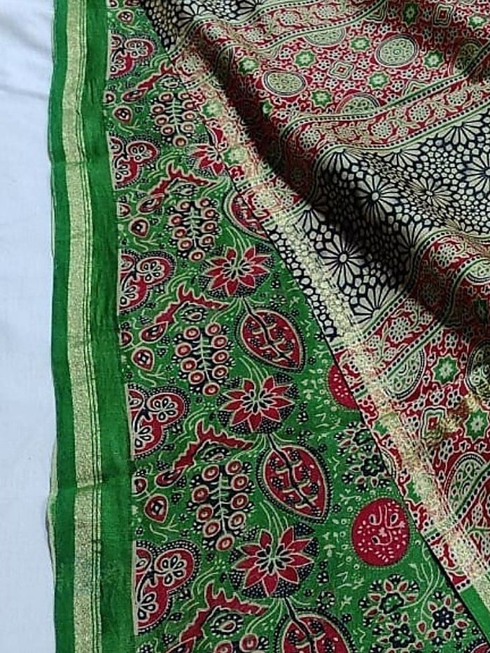 Indiehaat | Chanderi Silk Ajrakh Print Saree Green