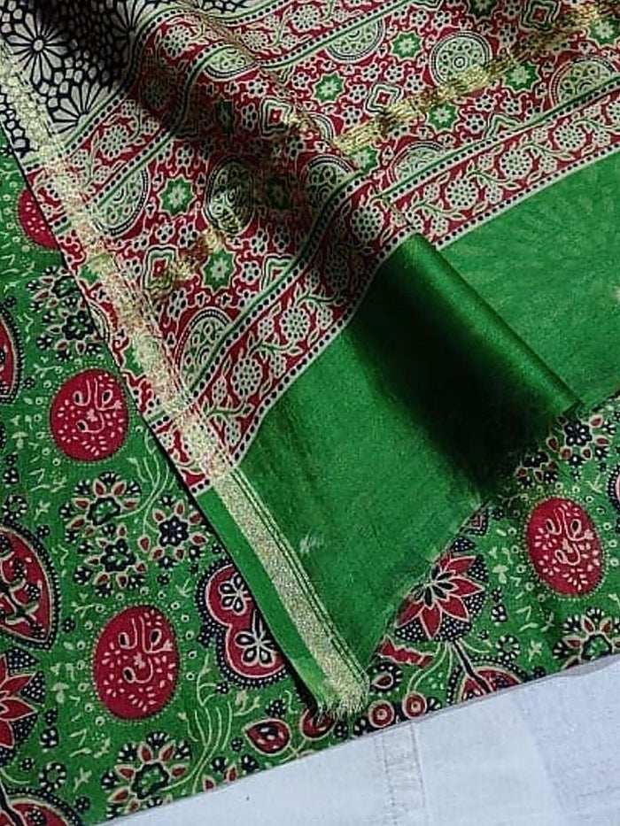 Indiehaat | Chanderi Silk Ajrakh Print Saree Green
