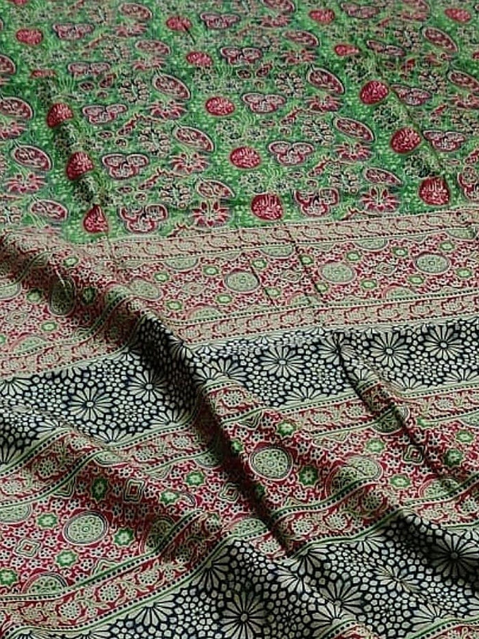 Indiehaat | Chanderi Silk Ajrakh Print Saree Green