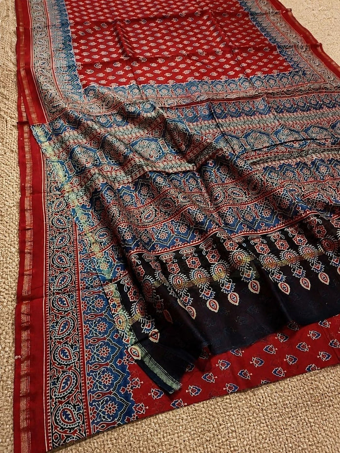 Indiehaat | Chanderi Silk Ajrakh Print Saree Red