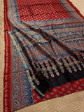 Indiehaat | Chanderi Silk Ajrakh Print Saree Red