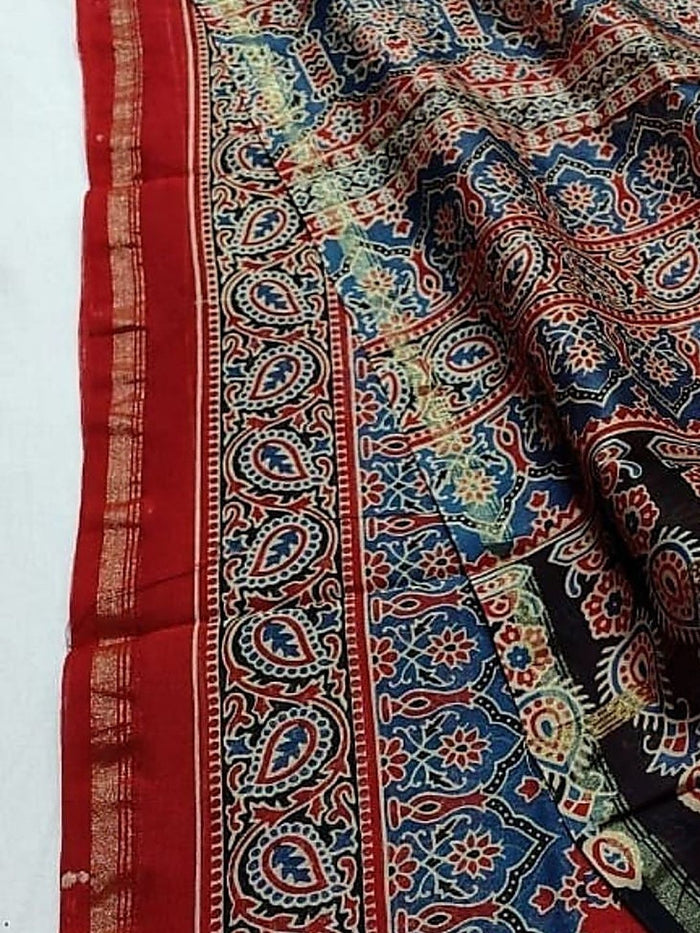 Indiehaat | Chanderi Silk Ajrakh Print Saree Red