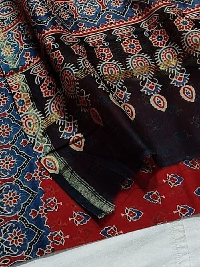 Indiehaat | Chanderi Silk Ajrakh Print Saree Red