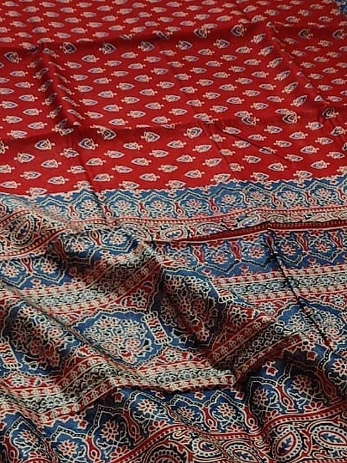 Indiehaat | Chanderi Silk Ajrakh Print Saree Red