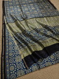 Indiehaat | Chanderi Silk Ajrakh Print Saree Blue