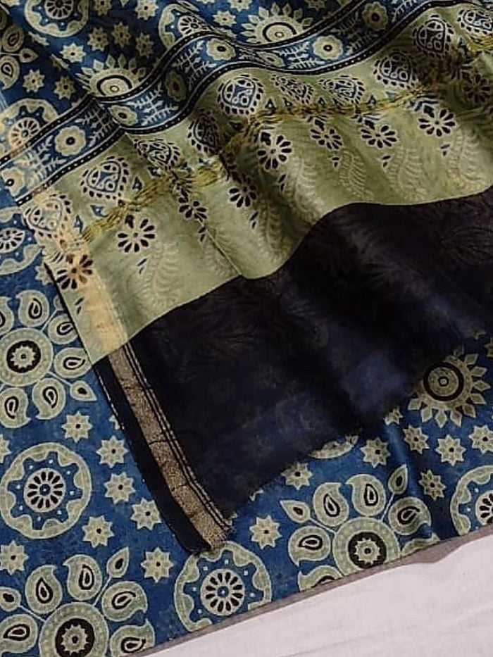 Indiehaat | Chanderi Silk Ajrakh Print Saree Blue