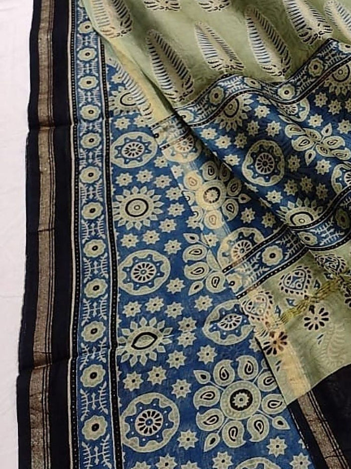 Indiehaat | Chanderi Silk Ajrakh Print Saree Blue