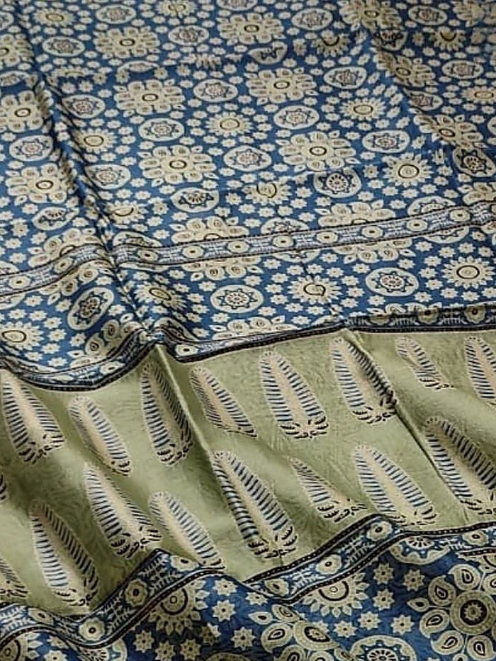Indiehaat | Chanderi Silk Ajrakh Print Saree Blue