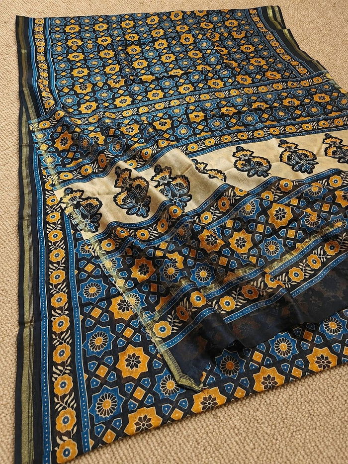 Indiehaat | Chanderi Silk Ajrakh Print Saree Blue