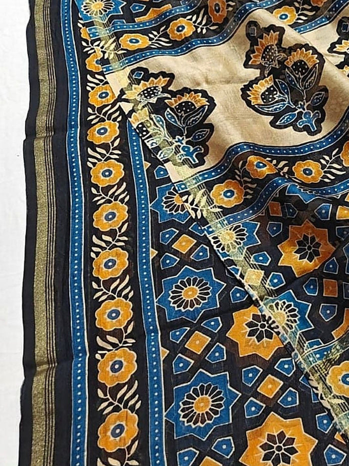 Indiehaat | Chanderi Silk Ajrakh Print Saree Blue