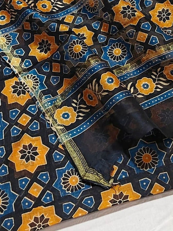 Indiehaat | Chanderi Silk Ajrakh Print Saree Blue