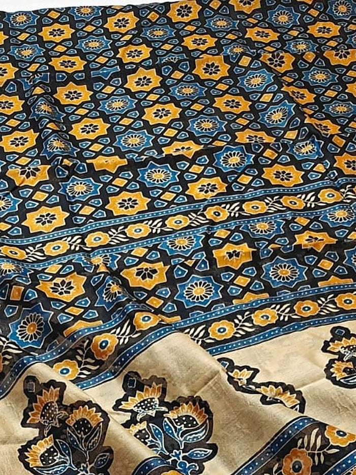 Indiehaat | Chanderi Silk Ajrakh Print Saree Blue