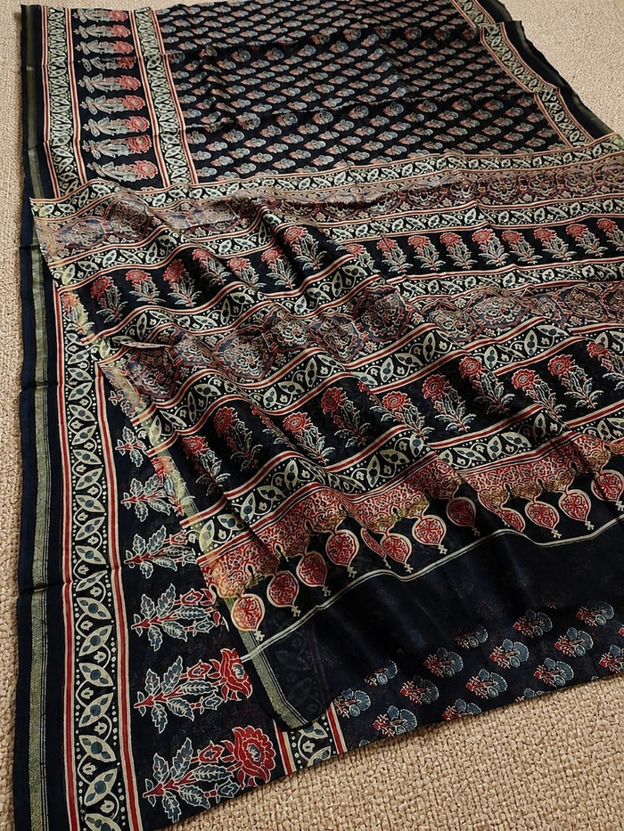 Indiehaat | Chanderi Silk Ajrakh Print Saree Black