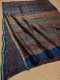 Indiehaat | Chanderi Silk Ajrakh Print Saree Blue