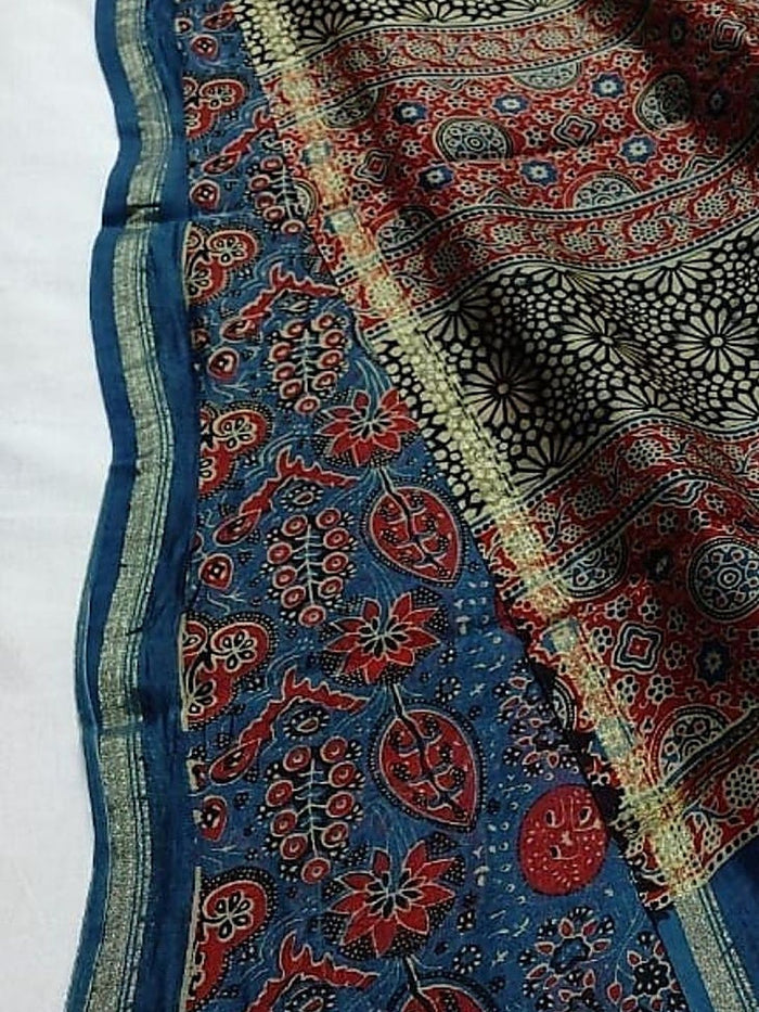 Indiehaat | Chanderi Silk Ajrakh Print Saree Blue