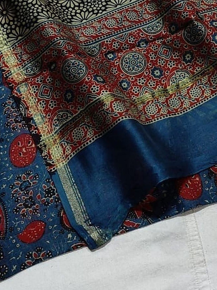 Indiehaat | Chanderi Silk Ajrakh Print Saree Blue