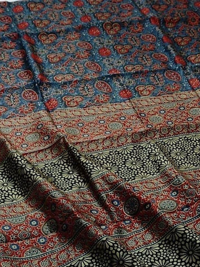 Indiehaat | Chanderi Silk Ajrakh Print Saree Blue