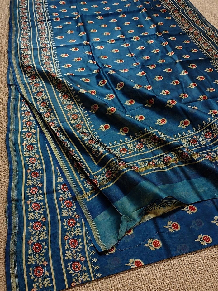 Indiehaat | Chanderi Silk Ajrakh Print Saree Blue