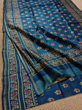 Indiehaat | Chanderi Silk Ajrakh Print Saree Blue