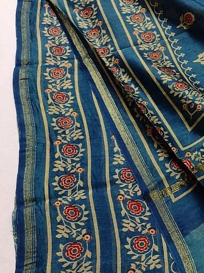 Indiehaat | Chanderi Silk Ajrakh Print Saree Blue