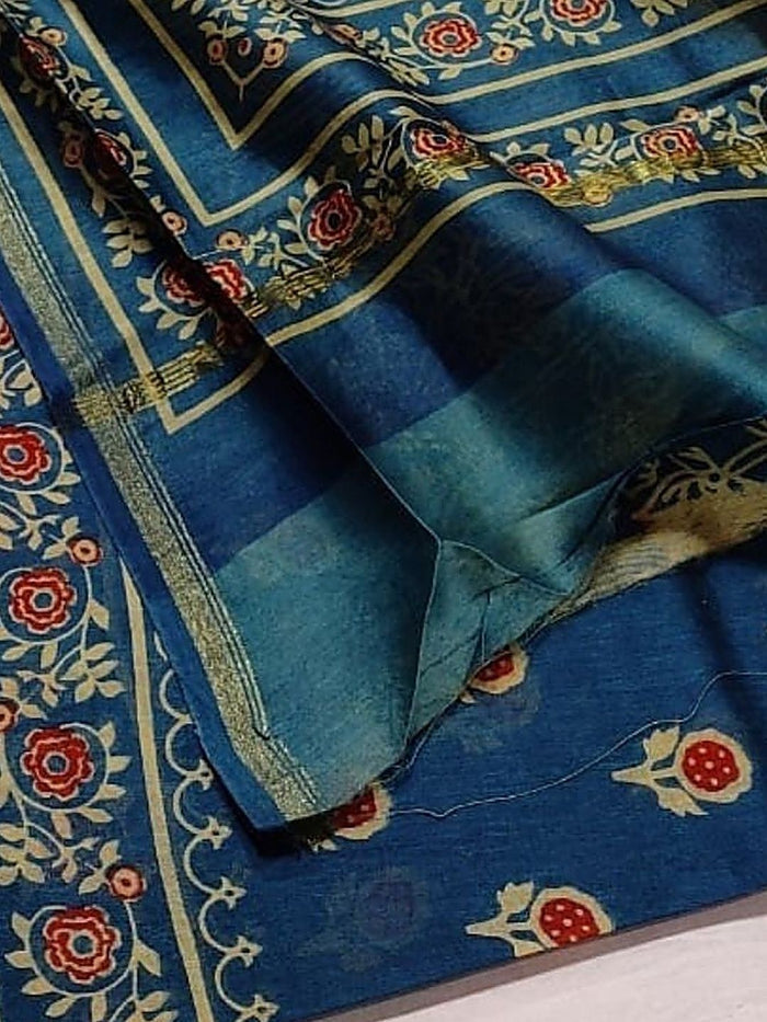 Indiehaat | Chanderi Silk Ajrakh Print Saree Blue
