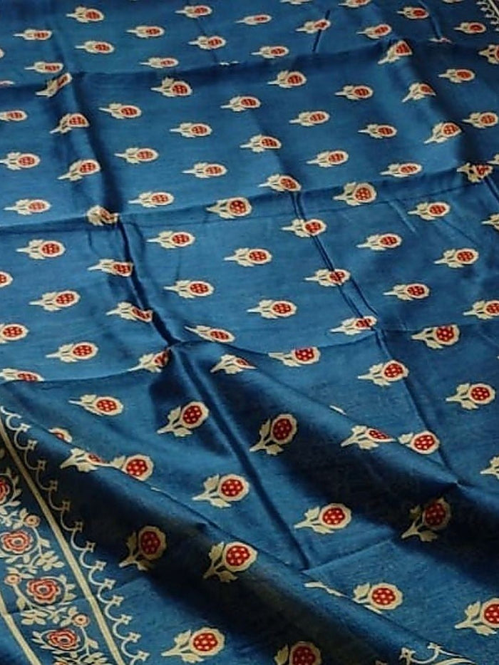 Indiehaat | Chanderi Silk Ajrakh Print Saree Blue