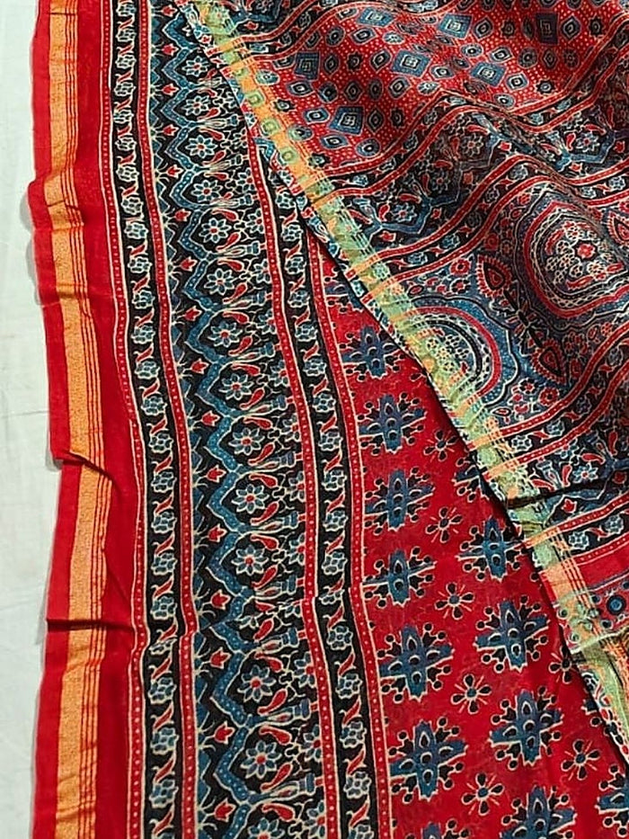 Indiehaat | Chanderi Silk Ajrakh Print Saree Red