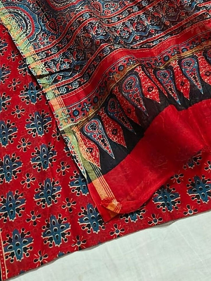 Indiehaat | Chanderi Silk Ajrakh Print Saree Red