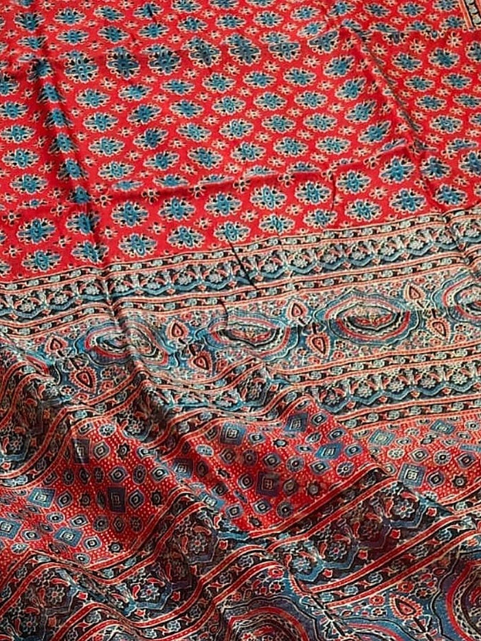 Indiehaat | Chanderi Silk Ajrakh Print Saree Red
