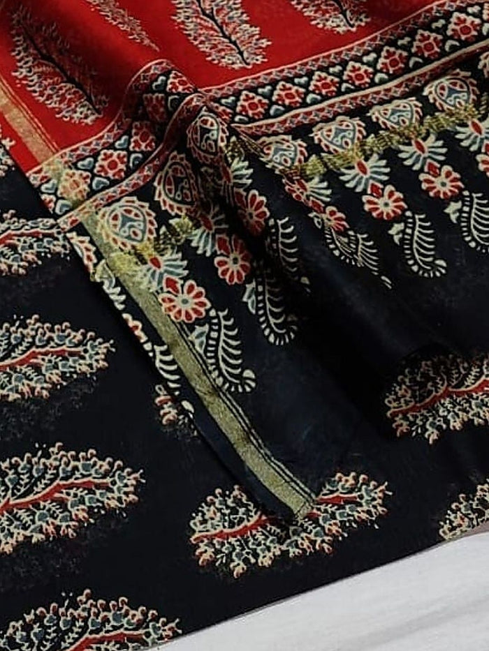 Indiehaat | Chanderi Silk Ajrakh Print Saree Black
