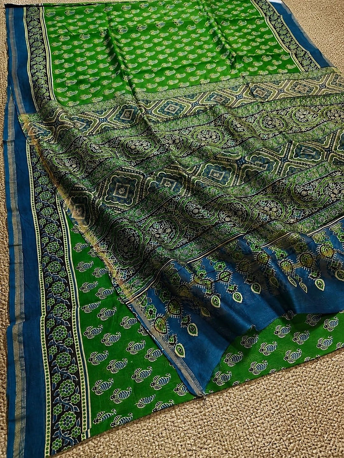 Indiehaat | Chanderi Silk Ajrakh Print Saree Green
