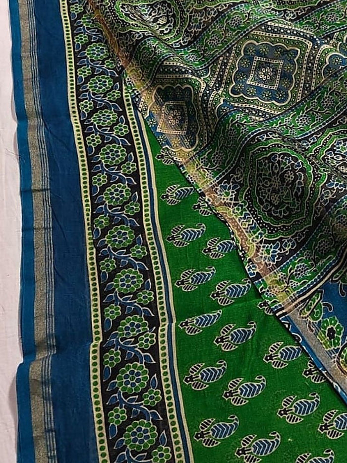Indiehaat | Chanderi Silk Ajrakh Print Saree Green