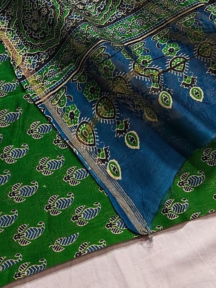 Indiehaat | Chanderi Silk Ajrakh Print Saree Green