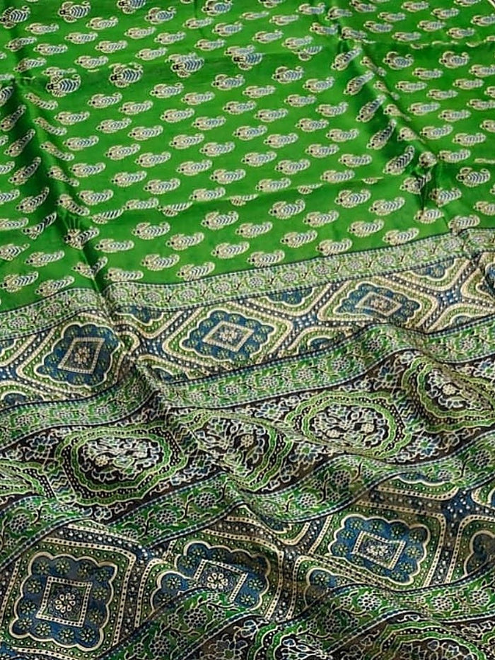 Indiehaat | Chanderi Silk Ajrakh Print Saree Green