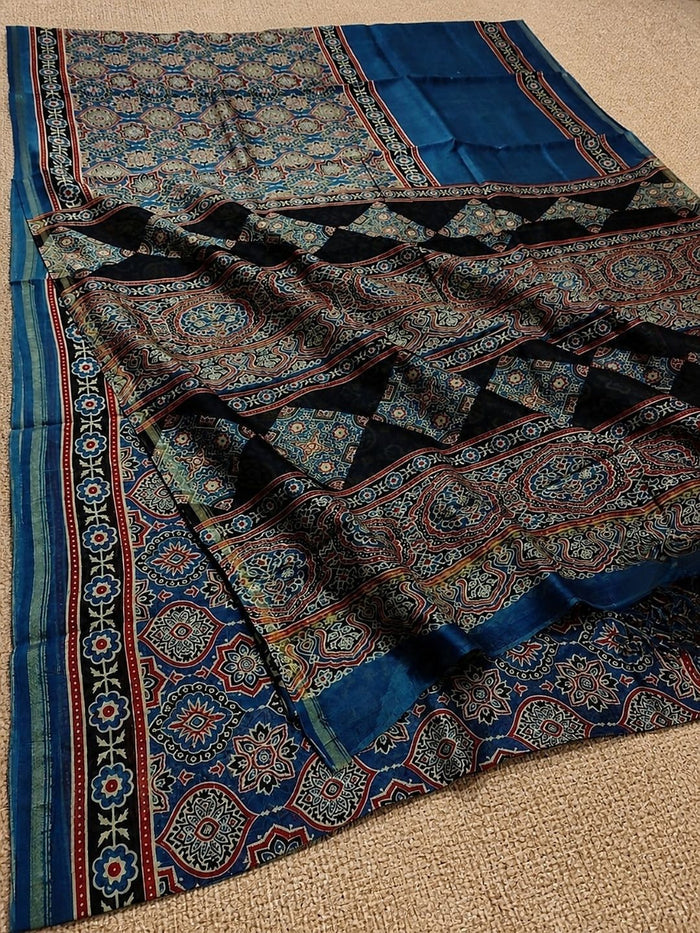 Indiehaat | Chanderi Silk Ajrakh Print Saree Blue