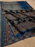 Indiehaat | Chanderi Silk Ajrakh Print Saree Blue
