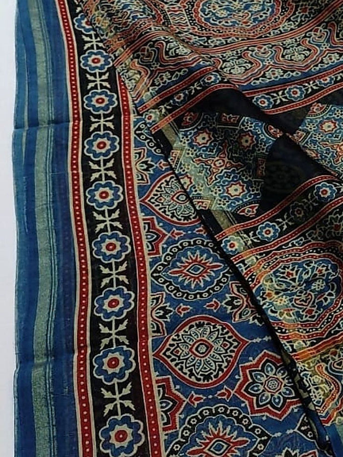 Indiehaat | Chanderi Silk Ajrakh Print Saree Blue