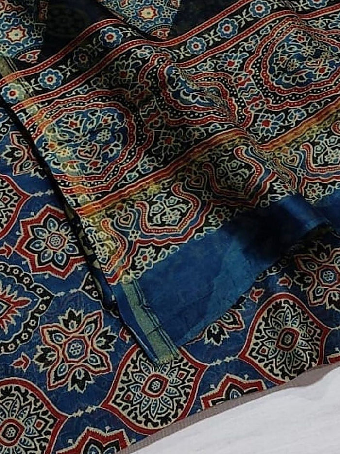 Indiehaat | Chanderi Silk Ajrakh Print Saree Blue
