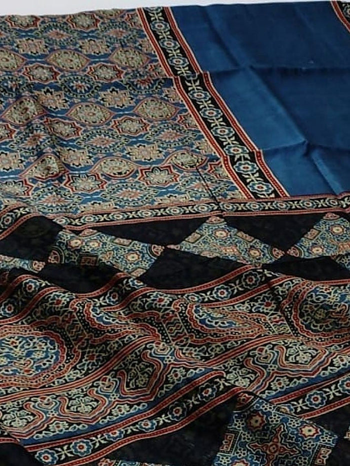 Indiehaat | Chanderi Silk Ajrakh Print Saree Blue
