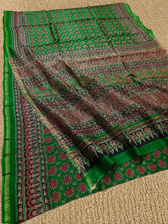 Indiehaat | Chanderi Silk Ajrakh Print Saree Green