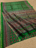 Indiehaat | Chanderi Silk Ajrakh Print Saree Green