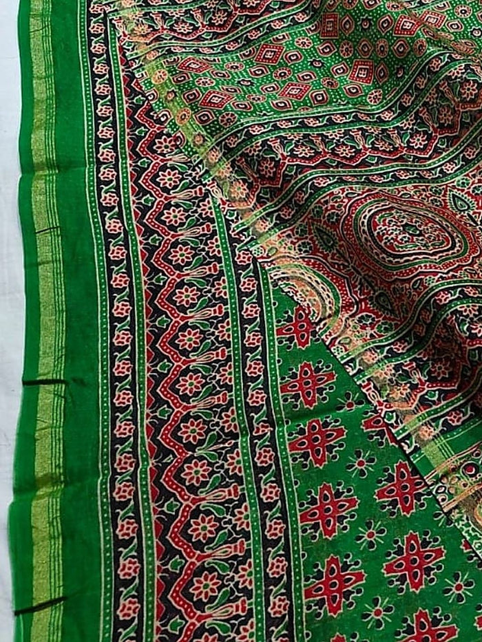 Indiehaat | Chanderi Silk Ajrakh Print Saree Green