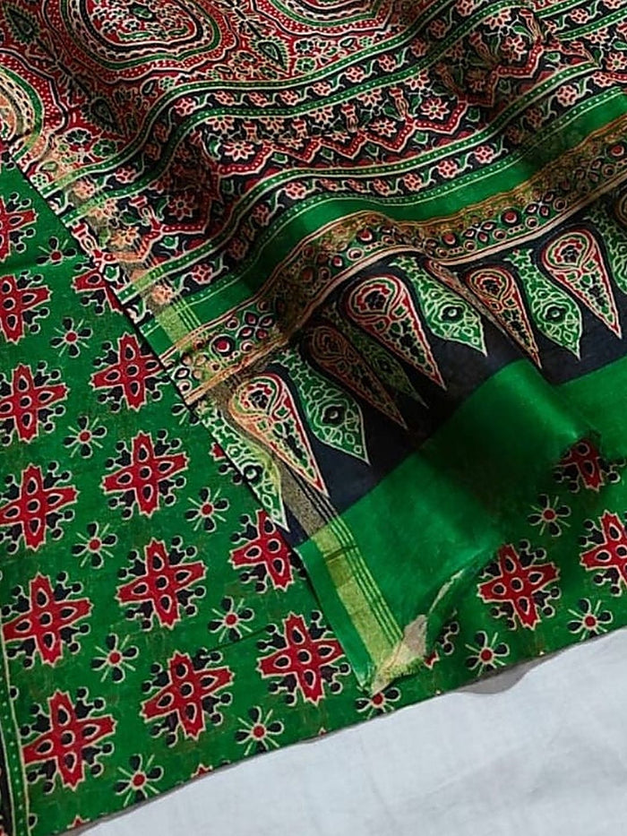 Indiehaat | Chanderi Silk Ajrakh Print Saree Green