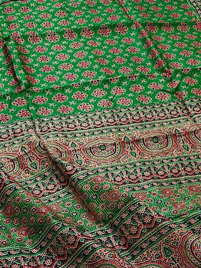 Indiehaat | Chanderi Silk Ajrakh Print Saree Green