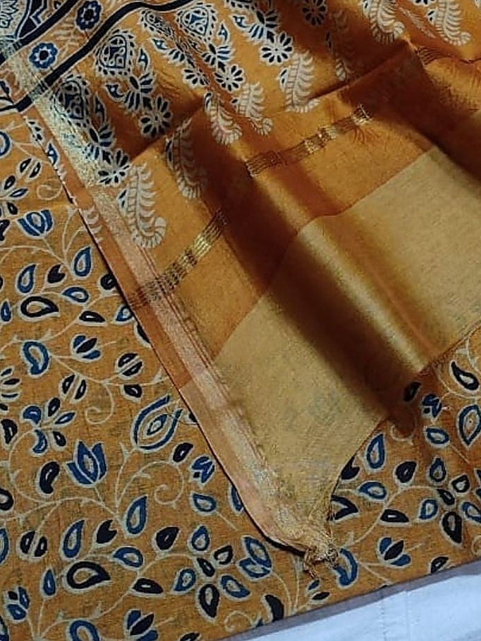 Indiehaat | Chanderi Silk Ajrakh Print Saree Yellow